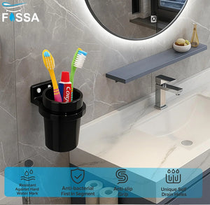 Fossa Classy Quartz Ceramic Brush Holder – Wall Mounted Round Brush Stand for Bathroom | Standing Toothbrush Holder, Scratch-Resistant | Black Glossy Finish (Black) - Fossa Home