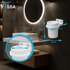 Fossa Quartz Ceramic Brush Holder – Wall Mounted Round Brush Stand for Bathroom | Anti-Bacterial, Anti-Slip Grip, Hard Water Stain Resistant | White (Glossy Finish) - Fossa Home