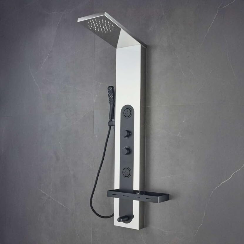 Fossa Shower Panel Tower – 4-Function Wall Mount System with Rainfall Overhead, Body Jets, Hand Shower, Tub Spout, LED Display & Shelf – 304 Stainless Steel – Opel Silver & Black (Chrome Finish) - Fossa Home