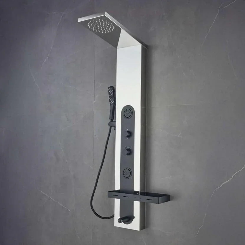 Fossa Shower Panel Tower – 4-Function Wall Mount System with Rainfall Overhead, Body Jets, Hand Shower, Tub Spout, LED Display & Shelf – 304 Stainless Steel – Opel Silver & Black (Chrome Finish) - Fossa Home