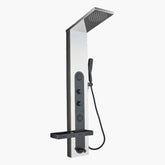 Fossa Shower Panel Tower – 4-Function Wall Mount System with Rainfall Overhead, Body Jets, Hand Shower, Tub Spout, LED Display & Shelf – 304 Stainless Steel – Opel Silver & Black (Chrome Finish) - Fossa Home