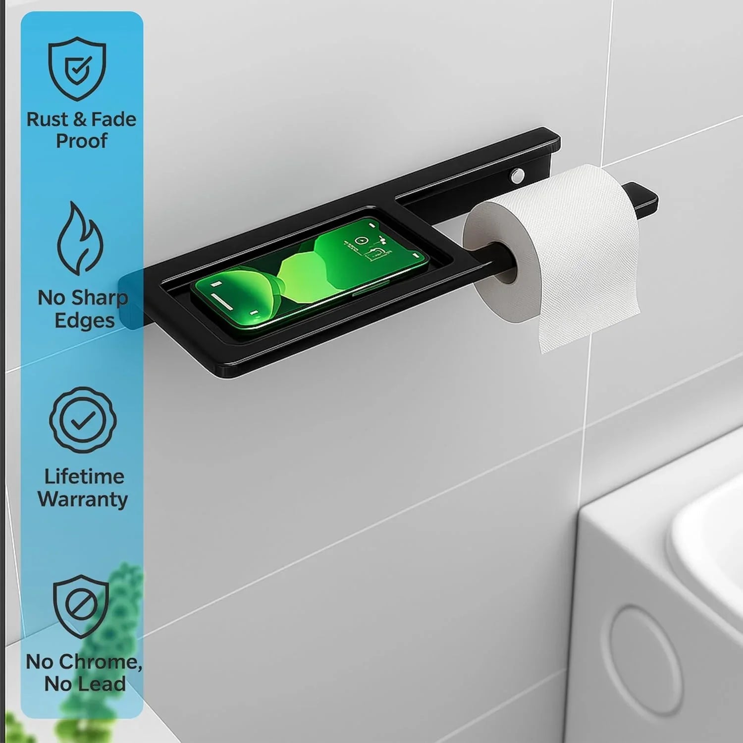 Fossa Toilet Paper Holder with Mobile Stand – Wall Mounted, No Sharp Edges, Rust & Fade Resistant | Sleek Toilet Holder for Small Bathrooms & Modern Décor | White (Quartz Ceramic) - Fossa Home