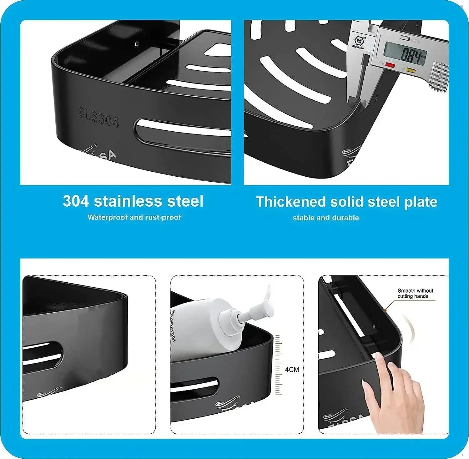 Caddy Stainless Steel Wall Storage Corner Shelf (Black) - Fossa Home