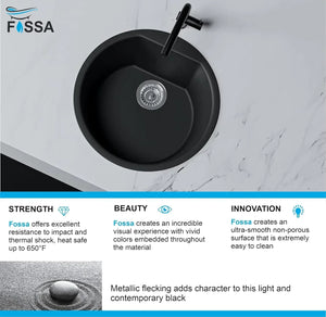 Fossa 18"x18"x08" Inch Round Bar Sink, Thicken Single Bowl Kitchen Sinks, Quartz German Engineered Technology Kitchen Sink Easy-to-Clean Sink for Outdoor Indoor Catering Restaurant Hospital (Black) - Fossa Home