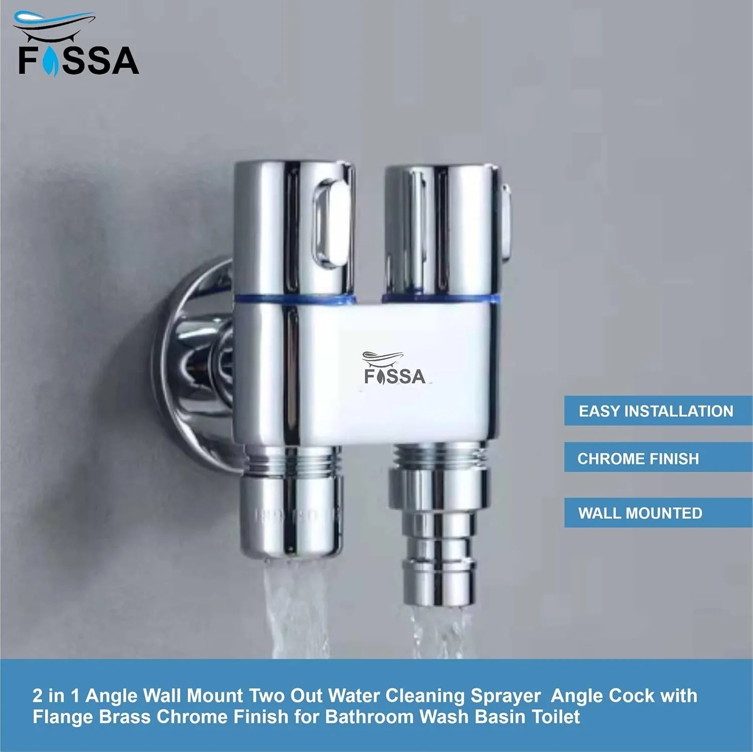 Fossa Brass 2 in 1 Angle Wall Mount Two Out Water Cleaning Sprayer Angle cock with Flange Chrome Finish for Bathroom Wash Basin Toilet (Silver) (Compact | Pack of 2) - Fossa Home