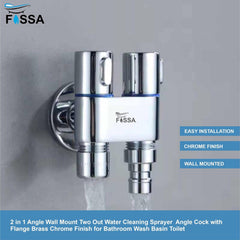 Fossa Brass 2 in 1 Angle Wall Mount Two Out Water Cleaning Sprayer Angle cock with Flange Chrome Finish for Bathroom Wash Basin Toilet (Silver) (Compact | Pack of 2) - Fossa Home