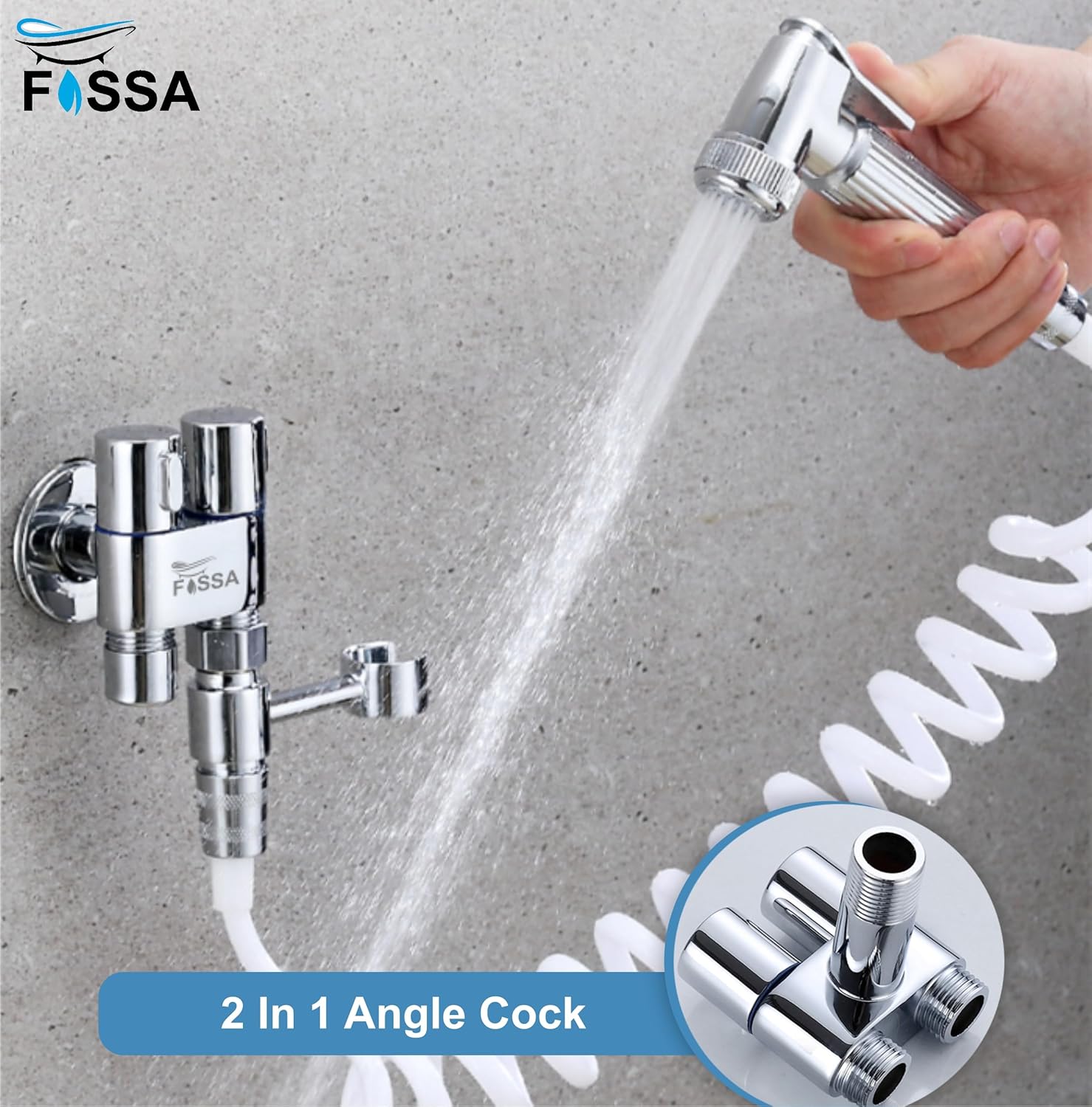 Fossa Brass 2 in 1 Angle Wall Mount Two Out Water Cleaning Sprayer Angle cock with Flange Chrome Finish for Bathroom Wash Basin Toilet (Silver) (Compact | Pack of 2) - Fossa Home