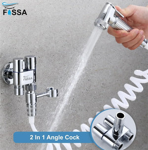 Fossa Brass 2 in 1 Angle Wall Mount Two Out Water Cleaning Sprayer Angle cock with Flange Chrome Finish for Bathroom Wash Basin Toilet (Silver) (Compact | Pack of 2) - Fossa Home
