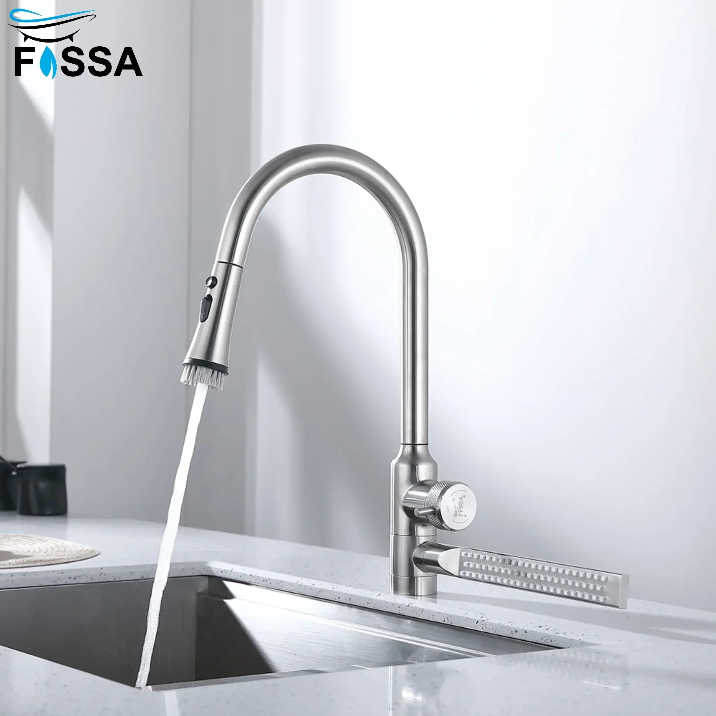 Waterfall Four-Flow 360° Hot & Cold Stainless Steel Kitchen Mixer Faucet Silver - Fossa Home