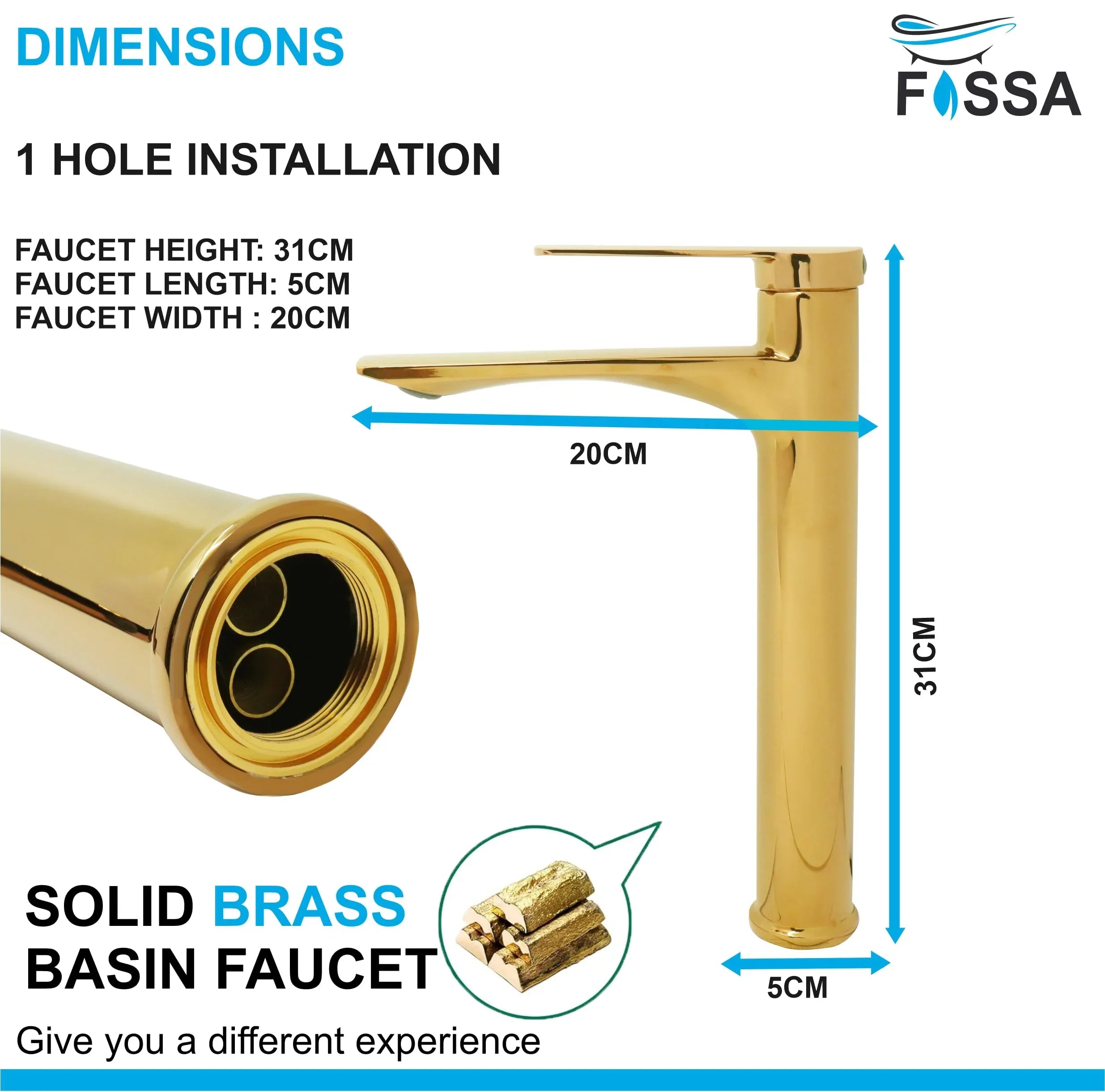 Fossa Olive Extended Body Brass Bathroom Sink Wash Basin Mixer Tap Single Handle Hot & Cold Lavatory Sink Faucet for Living Room & Bathrooms (Gold) - Fossa Home