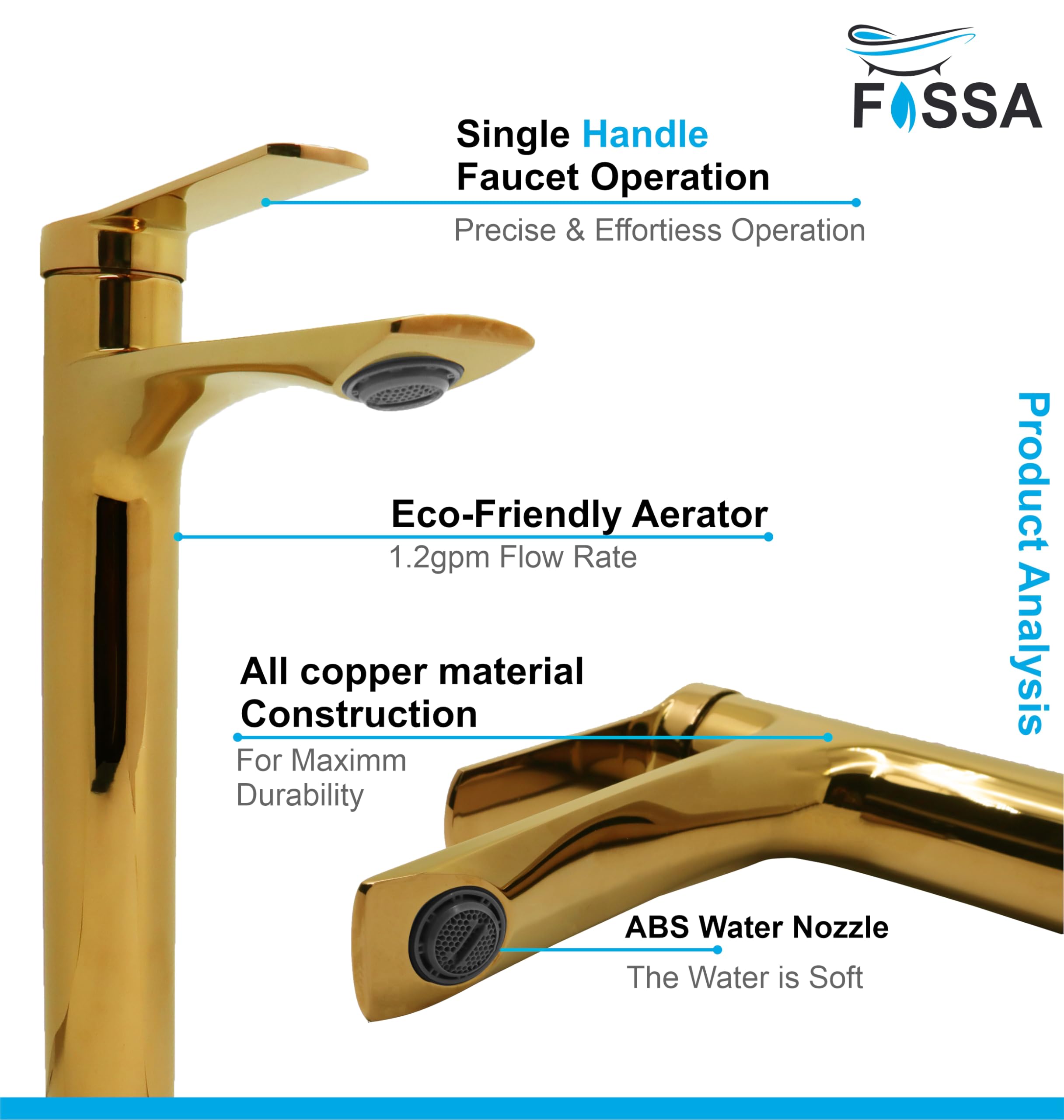 Fossa Olive Extended Body Brass Bathroom Sink Wash Basin Mixer Tap Single Handle Hot & Cold Lavatory Sink Faucet for Living Room & Bathrooms (Gold) - Fossa Home