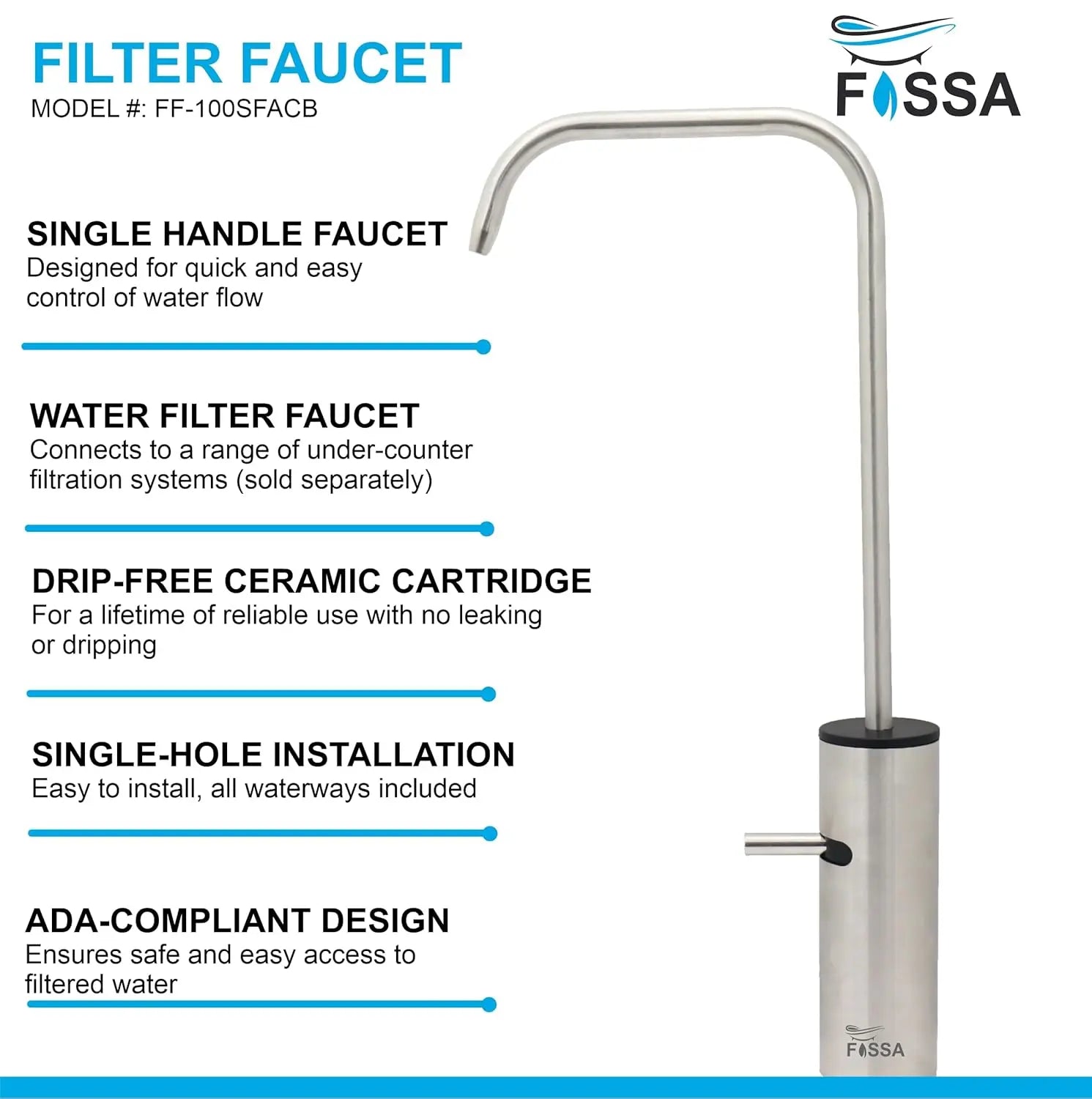Fossa Opera L Bend RO Tap Kitchen Water Filter Faucet, 100% Lead-Free Drinking Water Faucet Stainless Steel Brushed Nickel Finish (Silver) Fossa Home