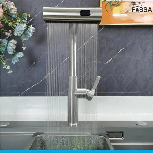 Fossa Pull-Out Kitchen Faucet, Stainless Steel Sink Faucet, Single Lever Rainfall Waterfall Faucet for Sinks, (Silver) Fossa Home