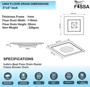 Apex Floor Drain (5 x 5 Inches) Premium Stainlees Steel With Hole - Fossa Home