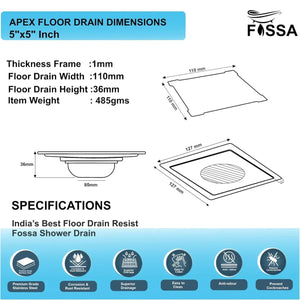 Flair Floor Drain (5 x 5 Inches) Premium Stainlees Steel - Fossa Home