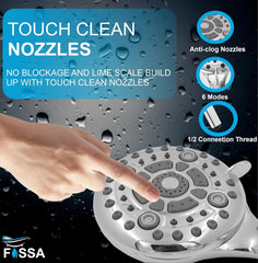 Fossa 5″ High Pressure Hand Shower Head 6-setting - High Flow Even with Low Water Pressure - Hand Held Showerhead Set with 1 Mtr Hose Pipe Stainless Steel (Chrome Finish) Fossa Home