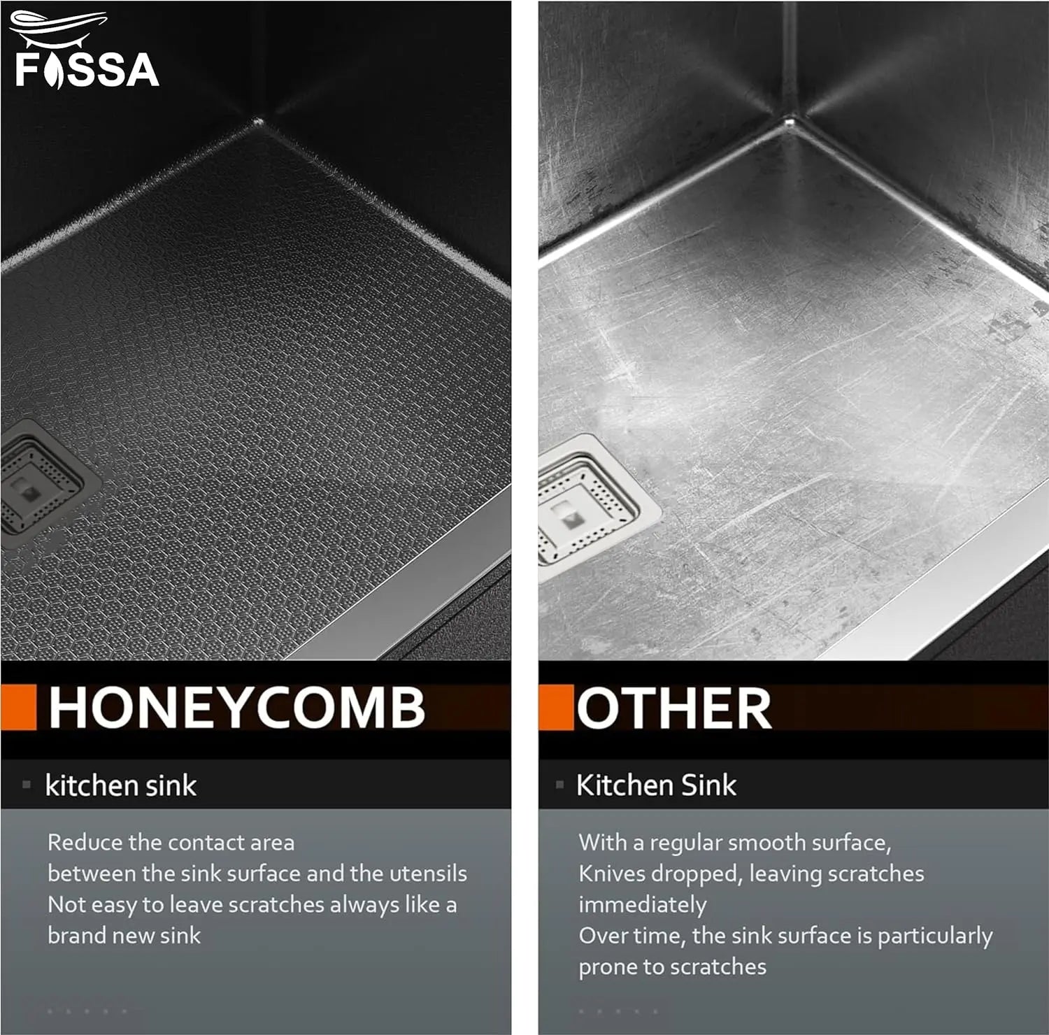 Fossa 22"x18"x09" Inch Single Bowl Honeycomb Embossed Kitchen Sink with Nano Coating (Black ) Fossa Home
