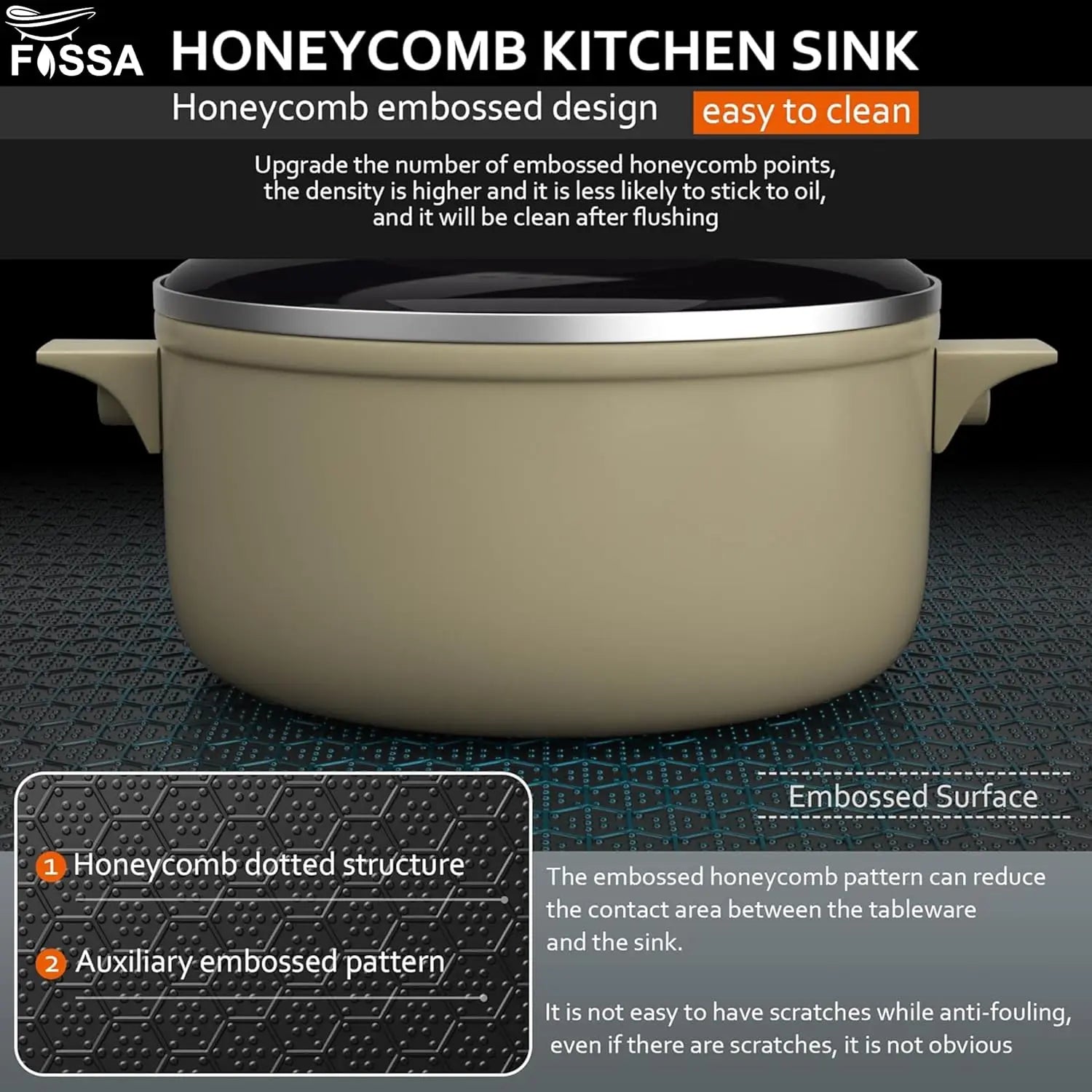 Fossa 22"x18"x09" Inch Single Bowl Honeycomb Embossed Kitchen Sink with Nano Coating (Black ) Fossa Home