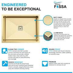 Fossa 24"x18"x10" Inch Single Bowl SS-304 Grade Stainless Steel Handmade Kitchen Sink Gold Fossa Home