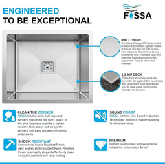 Fossa 24"x18"x10" Inch Single Bowl SS-304 Grade Stainless Steel Handmade Kitchen Sink Silver Fossa Home