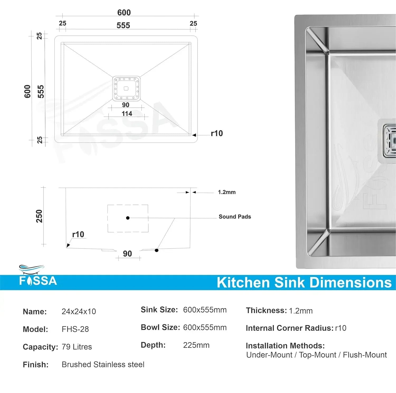 Fossa 24"x24"x10" Inch Single Bowl SS-304 Grade Stainless Steel Handmade Kitchen Sink Silver Fossa Home