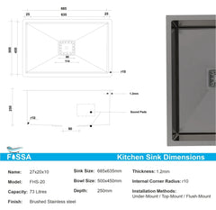 Fossa 27"x20"x10" Inch Single Bowl SS-304 Grade Stainless Steel Handmade Kitchen Sink Black Fossa Home