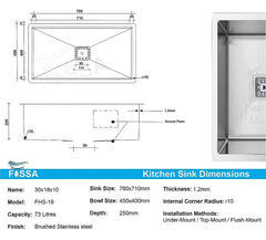 Fossa 30"x18"x10" Inch Single Bowl SS-304 Grade Stainless Steel Handmade Kitchen Sink Silver Fossa Home