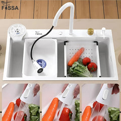 Fossa 30"x18"x10" inch Waterfall Premium Kitchen Sink with Integrated Waterfall Mode and Pull down Faucet with Steel Tray, Fruit Basket, and Complete Accessories Set - (White) Fossa Home