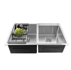 Fossa 32"x18"x10" Double Bowl with Single Tap Hole SS-304 Grade Handmade Kitchen Sink Silver Fossa Home