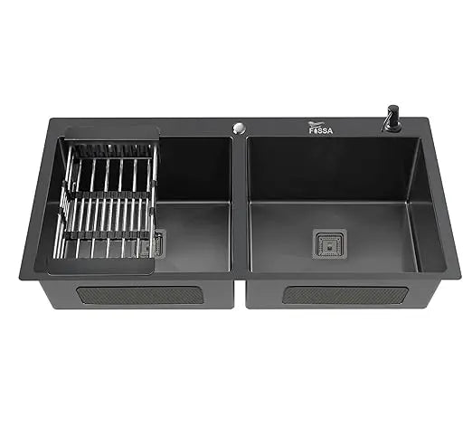 Fossa 32"x18"x10" Inch Double Bowl Tap Hole With Soap Dispenser Premium Stainless steel Handmade Kitchen Sink ( Black ) Fossa Home