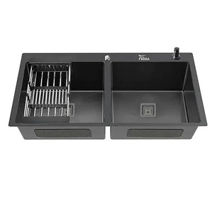 Fossa 32"x18"x10" Inch Double Bowl Tap Hole With Soap Dispenser Premium Stainless steel Handmade Kitchen Sink ( Black ) Fossa Home