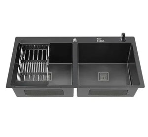 Premium Handmade (32"x18"x10") Inch Stainless Steel Double Bowl Black Kitchen Sink With Tap Hole - Fossa Home
