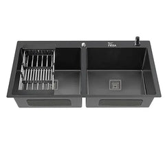 Fossa 32"x18"x10" Inch Double Bowl Tap Hole With Soap Dispenser Premium Stainless steel Handmade Kitchen Sink ( Black ) Fossa Home