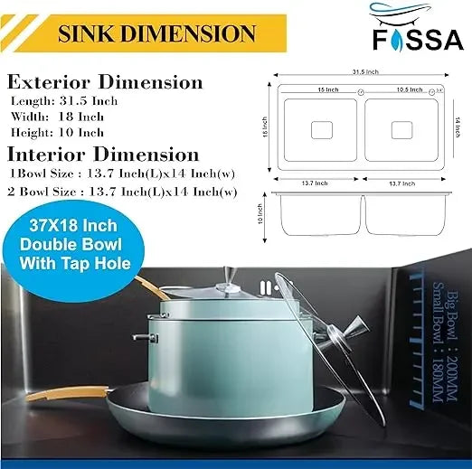Fossa 32"x18"x10" Inch Double Bowl Tap Hole With Soap Dispenser Premium Stainless steel Handmade Kitchen Sink ( Black ) Fossa Home