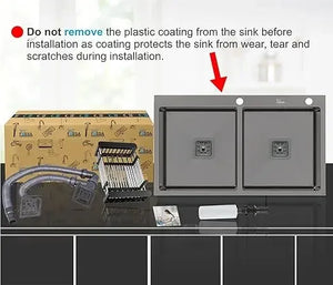 Premium Handmade (32"x18"x10") Inch Stainless Steel Double Bowl Black Kitchen Sink With Tap Hole - Fossa Home