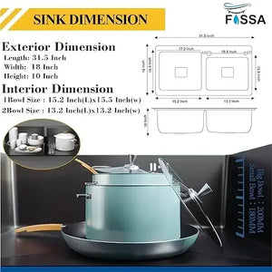 Premium Handmade (32x18x10) Inch Stainless Steel Double Bowl black Kitchen Sink With Tap Hole - Fossa Home