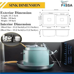 Fossa 32"x18"x10" Inch Double Bowl Tap Hole With Soap Dispenser Stainless steel Handmade Kitchen Sink ( Black ) Fossa Home