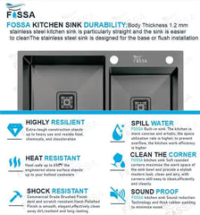 Fossa 32"x18"x10" Inch Double Bowl with Single Tap Hole SS-304 Grade Handmade Kitchen Sink Black Fossa Home