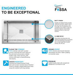 Fossa 32"x20"x10" Inch Single Bowl SS-304 Grade Stainless Steel Handmade Kitchen Sink Silver Fossa Home