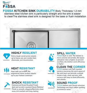 Fossa 32"x20"x10" Inch Single Bowl With Drain Board SS-304 Grade Handmade Kitchen Sink ( Round Coupling ) Silver Fossa Home