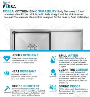 304 silver Single Bowl with Drain Board Handmade Kitchen Sink (32"x20"x10") - Fossa Home