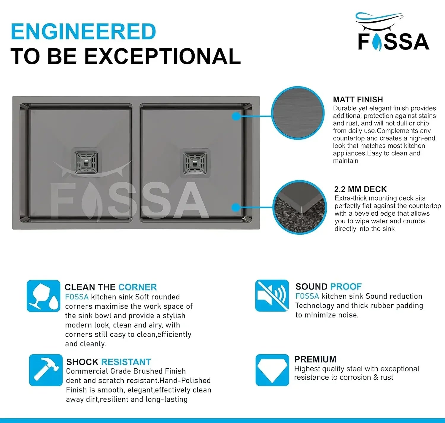 FOSSA 37"x18"x10" Inch Double Bowl SS-304 Grade Stainless Steel Handmade Kitchen Sink Black Fossa Home