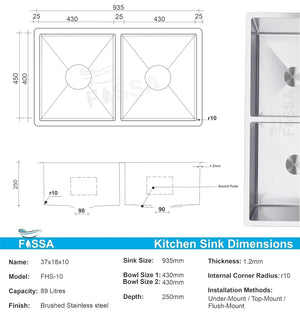 304 Handmade (37x18x 10) Inch Double Bowl Silver round Stainless Steel Kitchen Sink - Fossa Home