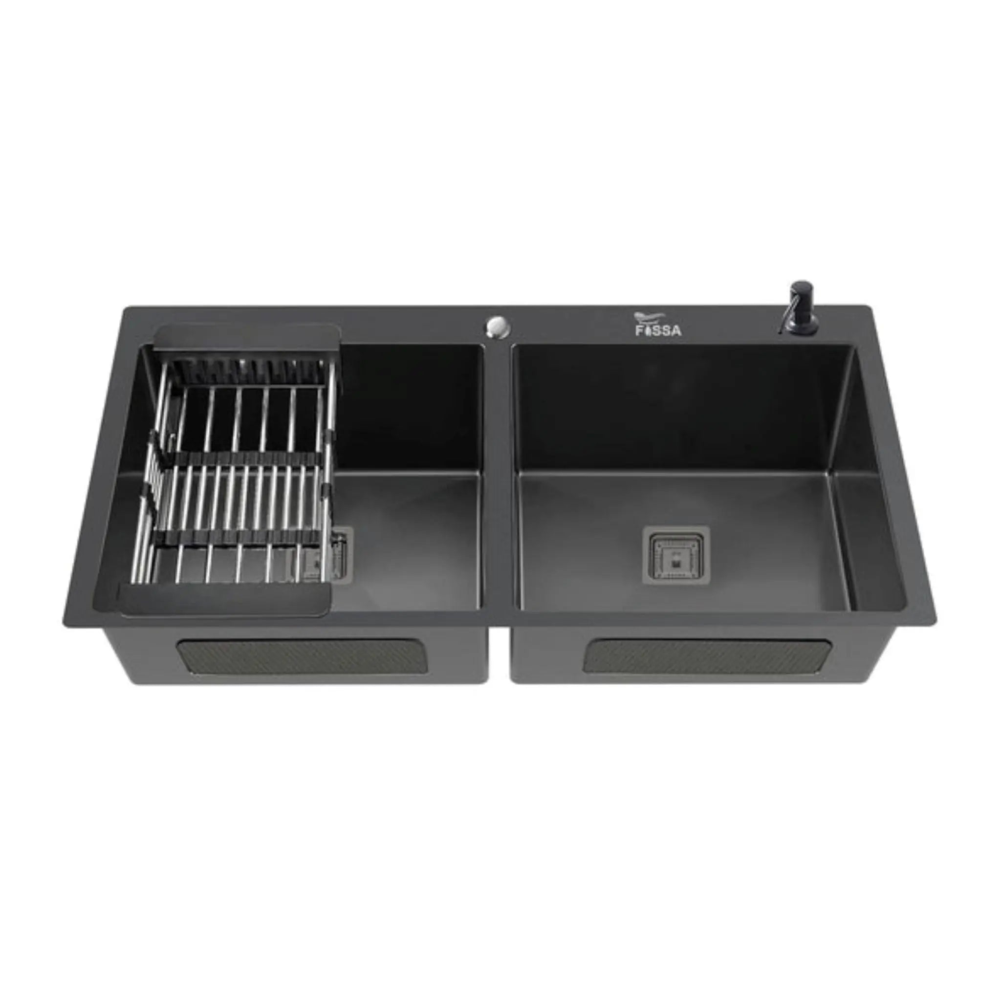Fossa 37"x18"x10" Inch Double Bowl Tap Hole With Soap Dispenser Stainless steel Handmade Kitchen Sink ( Black ) Fossa Home