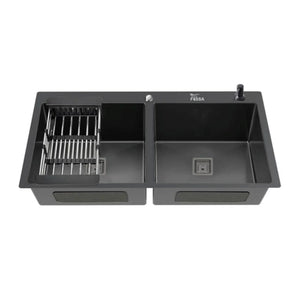 Premium Handmade (37"x18"x10) inch Stainless Steel Double Bowl Black Kitchen Sink With Tap Hole - Fossa Home