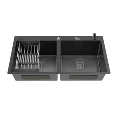 Fossa 37"x18"x10" Inch Double Bowl Tap Hole With Soap Dispenser Stainless steel Handmade Kitchen Sink ( Black ) Fossa Home
