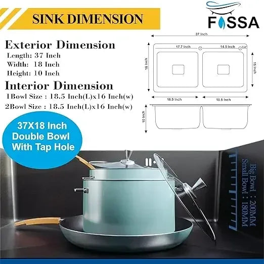 Premium Handmade (37"x18"x10) inch Stainless Steel Double Bowl Black Kitchen Sink With Tap Hole - Fossa Home
