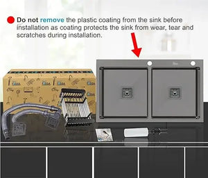 Fossa 37"x18"x10" Inch Double Bowl Tap Hole With Soap Dispenser Stainless steel Handmade Kitchen Sink ( Black ) Fossa Home