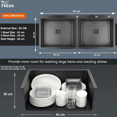 Fossa 37"x18"x10" Inch Double Bowl with Tap Hole 304 Grade Honeycomb Embossed Sink with Black Nano Coating, Stainless Steel Sink, Rectangular Workstation, Drainer and Overflow Set (Black) - Fossa Home