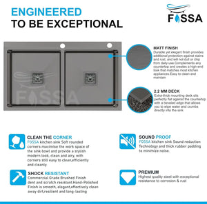 Fossa 37"x18"x10" Inch Double Bowl With Tap Hole SS-304 Grade Stainless Steel Handmade Kitchen Sink Matte Finish Black Fossa Home
